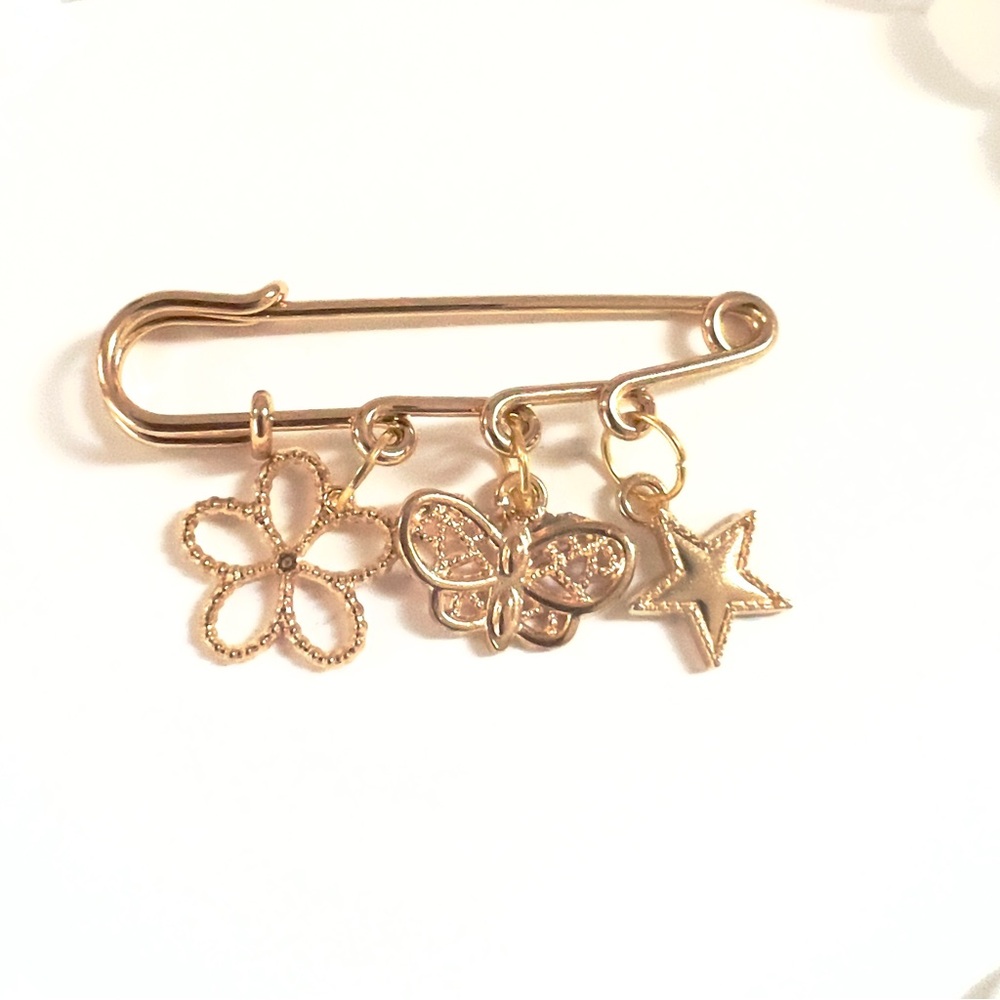 Gold Tone Butterfly & Star Charm Safety Pin Brooch - Picture 2 of 4